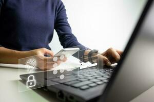 Verification of information with finger print by smart phone, Internet security, online financial transaction, 2-step verification, confirm transaction and identity. photo