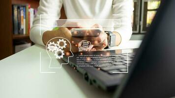 AI technology, Artificial Intelligence, Chatbot Chat and talk with AI, Using for search and find data by command prompt, robot learning machine create or generate picture or article auto photo