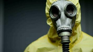 caucásico investigador en materiales peligrosos traje y gas máscara mira a cámara. video