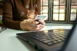 AI, Artificial Intelligence, Concept global data connection with Internet technology, using online transaction with AI by learning machine and big data, database management, cloud computing photo