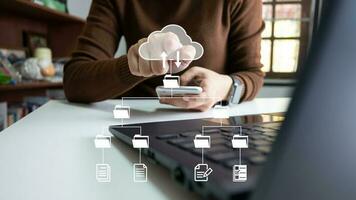 Officer using laptop manage files, Document Management System DMS, Online document database management, automated processes to manage system, ERP enterprise efficient, business technology. photo