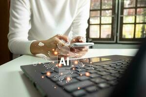 ai, artificial inteligencia, concepto global datos conexión con Internet tecnología, utilizando en línea transacción con ai por aprendizaje máquina y grande datos, base de datos gestión, nube informática foto