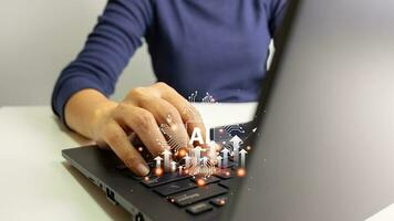 AI technology, Artificial Intelligence, Chatbot Chat and talk with AI, Using laptop for search and find data by command prompt, robot learning machine create or generate picture or article auto photo