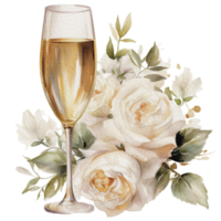 aquarelle mariage ensemble. échelonné blanc crème gâteau, rustique bois gâteau rester, Champagne lunettes, or mariage, et fleur arrangement. isolé illustration pour invitation, enregistrer le date. génératif ai png