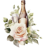 Watercolor wedding set. tiered white cream cake, rustic wood cake stand, champagne glasses, gold wedding, and flower arrangement. Isolated illustration for invitation, save the date. png