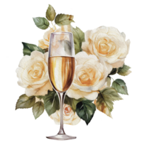 vattenfärg bröllop uppsättning. trött vit grädde kaka, rustik trä kaka stå, champagne glasögon, guld bröllop, och blomma arrangemang. isolerat illustration för inbjudan, spara de datum. generativ ai png