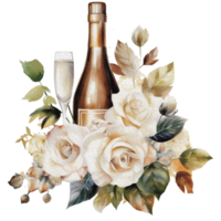 aquarelle mariage ensemble. échelonné blanc crème gâteau, rustique bois gâteau rester, Champagne lunettes, or mariage, et fleur arrangement. isolé illustration pour invitation, enregistrer le date. génératif ai png