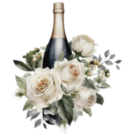 vattenfärg bröllop uppsättning. trött vit grädde kaka, rustik trä kaka stå, champagne glasögon, guld bröllop, och blomma arrangemang. isolerat illustration för inbjudan, spara de datum. generativ ai png