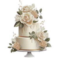 vattenfärg bröllop uppsättning. trött vit grädde kaka, rustik trä kaka stå, champagne glasögon, guld bröllop, och blomma arrangemang. isolerat illustration för inbjudan, spara de datum. generativ ai png