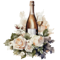 vattenfärg bröllop uppsättning. trött vit grädde kaka, rustik trä kaka stå, champagne glasögon, guld bröllop, och blomma arrangemang. isolerat illustration för inbjudan, spara de datum. generativ ai png