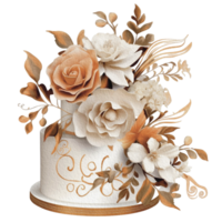 Aquarell Hochzeit Satz. abgestuft Weiß Sahne Kuchen, rustikal Holz Kuchen Stand, Champagner Gläser, Gold Hochzeit, und Blume Anordnung. isoliert Illustration zum Einladung, speichern das Datum. generativ ai png