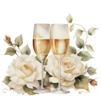 Watercolor wedding set. tiered white cream cake, rustic wood cake stand, champagne glasses, gold wedding, and flower arrangement. Isolated illustration for invitation, save the date. Generative AI png