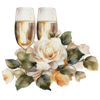 vattenfärg bröllop uppsättning. trött vit grädde kaka, rustik trä kaka stå, champagne glasögon, guld bröllop, och blomma arrangemang. isolerat illustration för inbjudan, spara de datum. generativ ai png