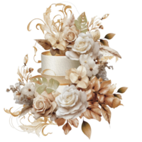 Aquarell Hochzeit Satz. abgestuft Weiß Sahne Kuchen, rustikal Holz Kuchen Stand, Champagner Gläser, Gold Hochzeit, und Blume Anordnung. isoliert Illustration zum Einladung, speichern das Datum. generativ ai png