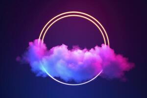 3d render, abstract cloud illuminated with neon light ring on dark night sky. Glowing geometric shape, round frame, generate ai photo