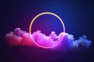 3d render, abstract cloud illuminated with neon light ring on dark night sky. Glowing geometric shape, round frame, generate ai photo