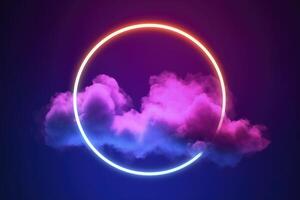 3d render, abstract cloud illuminated with neon light ring on dark night sky. Glowing geometric shape, round frame, generate ai photo