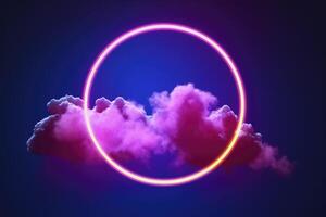 3d render, abstract cloud illuminated with neon light ring on dark night sky. Glowing geometric shape, round frame, generate ai photo