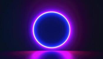 3d render, blue pink neon round frame, circle, ring shape, empty space, ultraviolet light, 80s retro style, fashion show stage, abstract background, photo