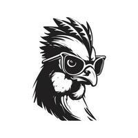 chicken with sunglasses, vintage logo line art concept black and white color, hand drawn illustration vector