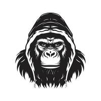 gorilla wearing hoodie, vintage logo line art concept black and white color, hand drawn illustration vector