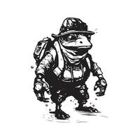 mechanic toad, vintage logo line art concept black and white color, hand drawn illustration vector