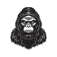 gorilla wearing hoodie, vintage logo line art concept black and white color, hand drawn illustration vector