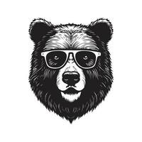 grizzly bear wearing sunglasses, vintage logo line art concept black and white color, hand drawn illustration vector