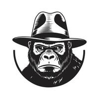 gorilla wearing hat, vintage logo line art concept black and white color, hand drawn illustration vector