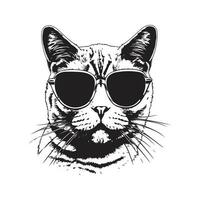 british cat with sunglasses, vintage logo line art concept black and white color, hand drawn illustration vector