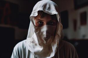 boy in a white hood in and face mask photo