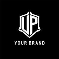 UP logo initial with shield shape design style vector