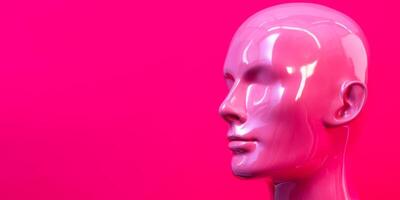male head mannequin on pink background copy space photo