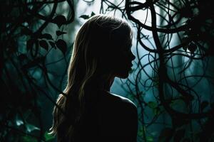 silhouette of a beautiful woman in the jungle photo