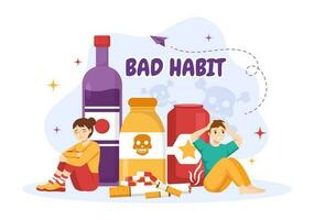 Bad Habit Vector Illustration with Unhealthy Lifestyle like Eating Fast Food or Alcohol Bottle in Flat Cartoon Hand Drawn Landing Page Templates