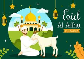 Happy Eid Al Adha Mubarak Vector Illustration of Muslims Celebration with Sacrificial Animals Goat and Cow in Flat Cartoon Hand Drawn Templates