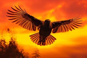 fusion of art silhouette bird on orange sky background photo