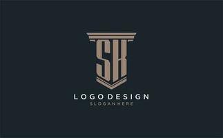 SK initial logo with pillar style, luxury law firm logo design ideas vector