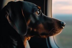 dog on the plane looking out the window photo