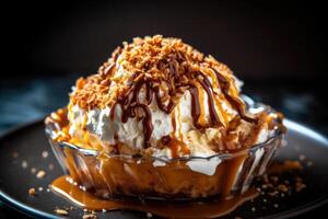 hielo crema con caramelo, nueces y chocolate generativo ai foto