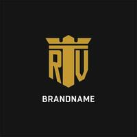 RV initial logo with shield and crown style vector