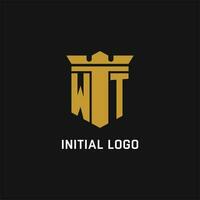 WT initial logo with shield and crown style vector