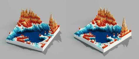 3D illustration voxels, Rocks, mountains and hills. Mountain peak. Landscape terrain map models. photo