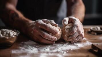 male chef kneading dough with hands photo