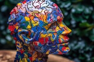 human head from colorful puzzles, psychological disorder autism photo