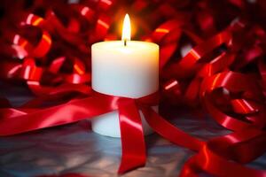 fired candle wrapped in red celebration ribbon, love mood photo