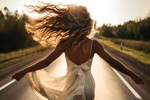 wedding day bride in wedding dress run on road in the rays of the sun photo