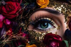 beautiful female eye makeup in flowers beauty care photo