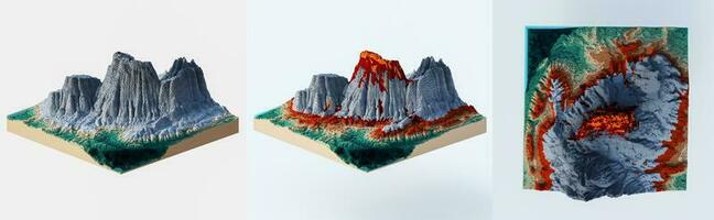 3D illustration voxels, Rocks, mountains and hills. Mountain peak. Landscape terrain map models. photo