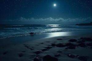 brillante noche paisaje por el mar a lleno Luna generativo ai foto